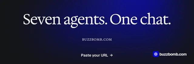 X header for BuzzBomb: "Seven agents. One chat." Agentic glass style, smallcaps layout, dark palette in black, blue.