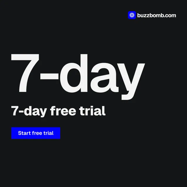 Instagram post for BuzzBomb: "Get a marketing team." Brutalist style, stat layout, dark palette in black, grey.
