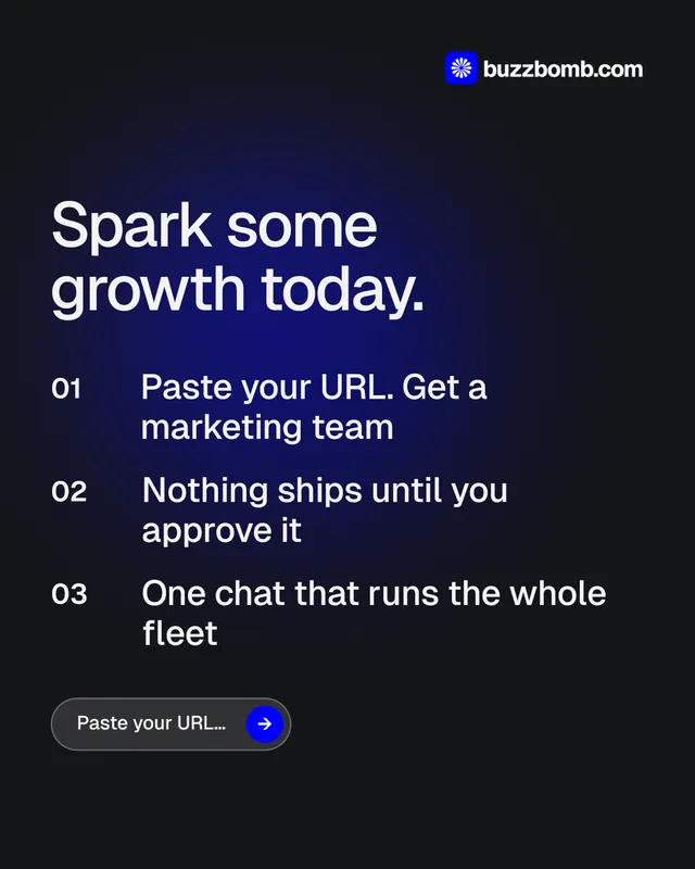 Instagram portrait post for BuzzBomb: "Spark some growth today." Agentic glass style, numbered layout, dark palette in black, blue.