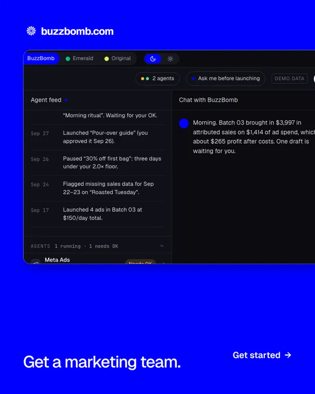 Instagram portrait post for BuzzBomb: "Get a marketing team." Split block style, image led layout, dark palette in blue, black.
