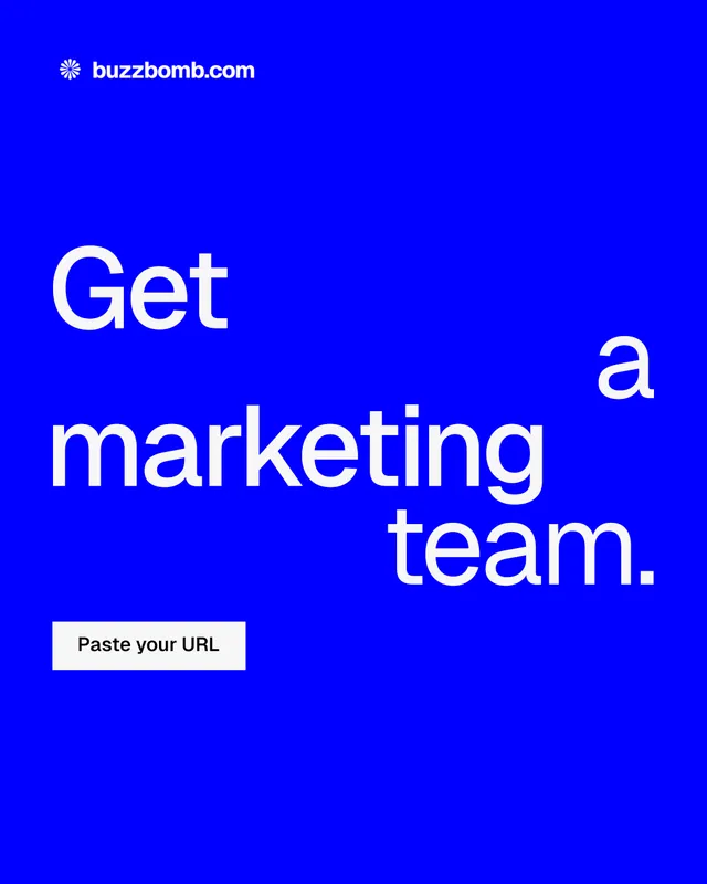Instagram portrait post for BuzzBomb: "Get a marketing team." Swiss style, stacked layout, dark palette in blue.