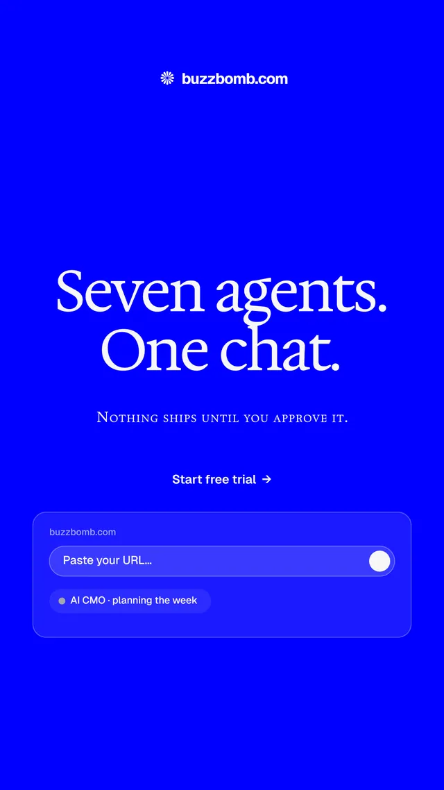 Instagram story for BuzzBomb: "Seven agents. One chat." Split block style, smallcaps layout, dark palette in blue.