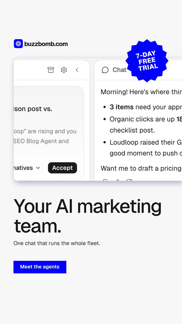 Instagram story for BuzzBomb: "Your AI marketing team." Swiss style, sticker layout, light palette in white, blue.