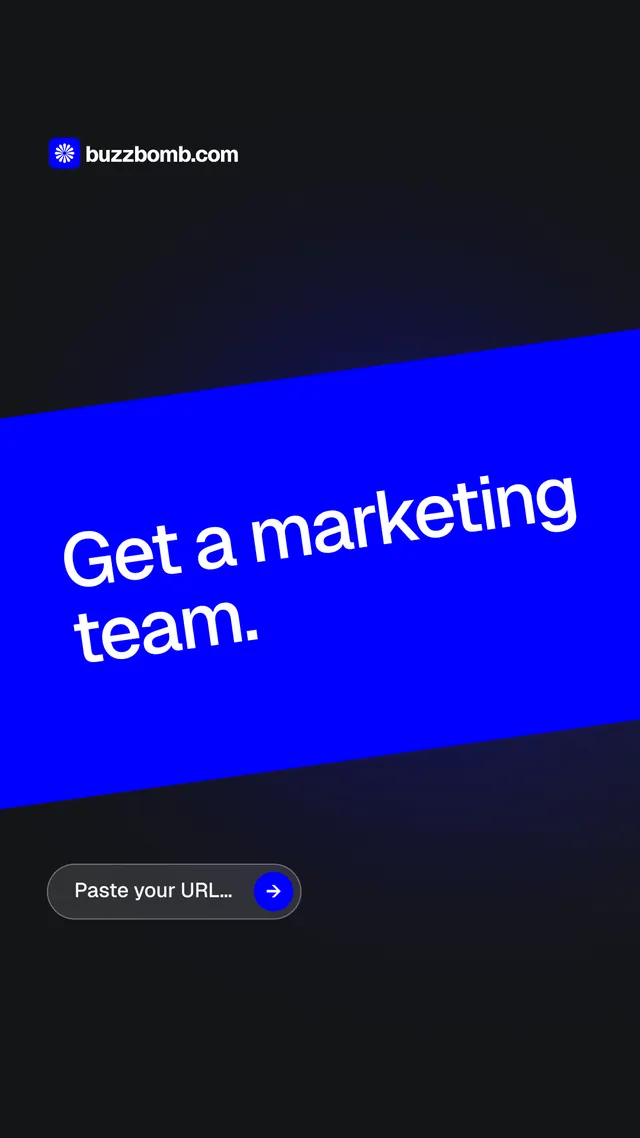 Instagram story for BuzzBomb: "Get a marketing team." Agentic glass style, diagonal layout, dark palette in black, blue.
