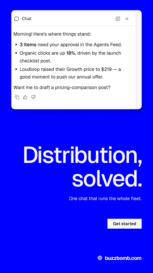 Instagram story for BuzzBomb: "Distribution, solved." Split block style, right layout, dark palette in blue, white.