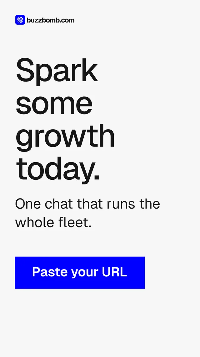 Instagram story for BuzzBomb: "Spark some growth today." Swiss style, skeleton layout, light palette in white, blue.