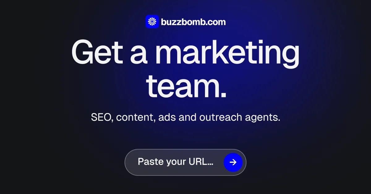 Social ad for BuzzBomb: "Get a marketing team." Agentic glass style, centred layout, dark palette in black, blue.