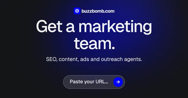 Social ad for BuzzBomb: "Get a marketing team." Agentic glass style, centred layout, dark palette in black, blue.