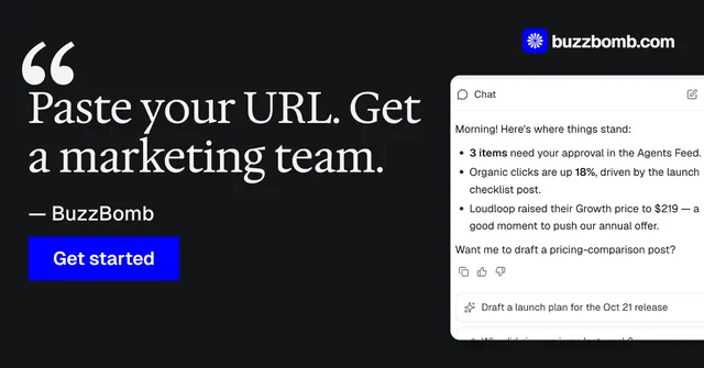 Social ad for BuzzBomb: "Your AI marketing team." Swiss style, quote layout, dark palette in black, grey, blue.