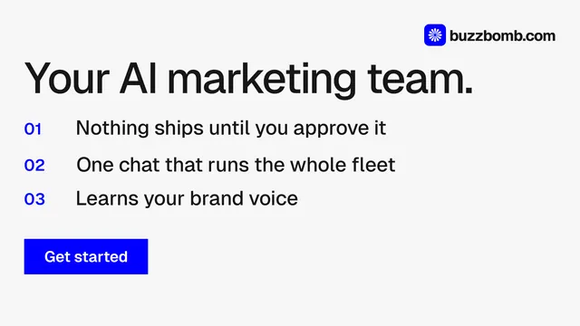 Landscape graphic for BuzzBomb: "Your AI marketing team." Swiss style, numbered layout, light palette in white, grey, blue.