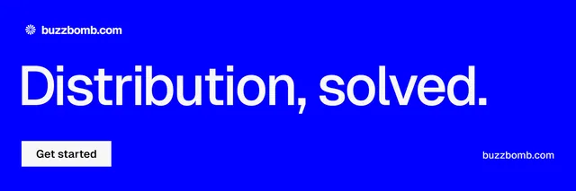 X header for BuzzBomb: "Distribution, solved." Swiss style, poster layout, dark palette in blue.