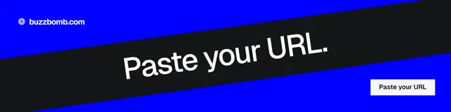 LinkedIn banner for BuzzBomb: "Paste your URL." Split block style, diagonal layout, dark palette in blue, black, grey.