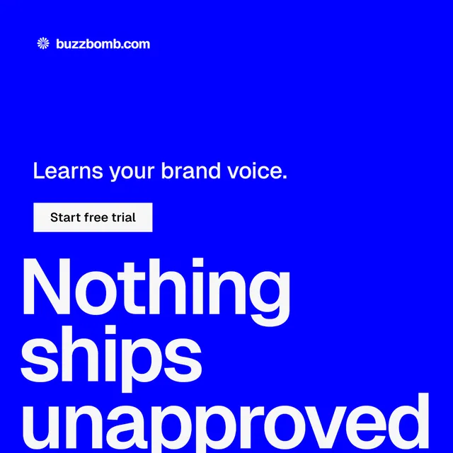 Instagram post for BuzzBomb: "Spark some growth today." Split block style, oversized layout, dark palette in blue, white.
