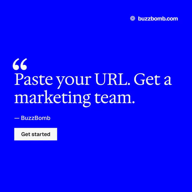 Instagram post for BuzzBomb: "Your AI marketing team." Swiss style, quote layout, dark palette in blue.