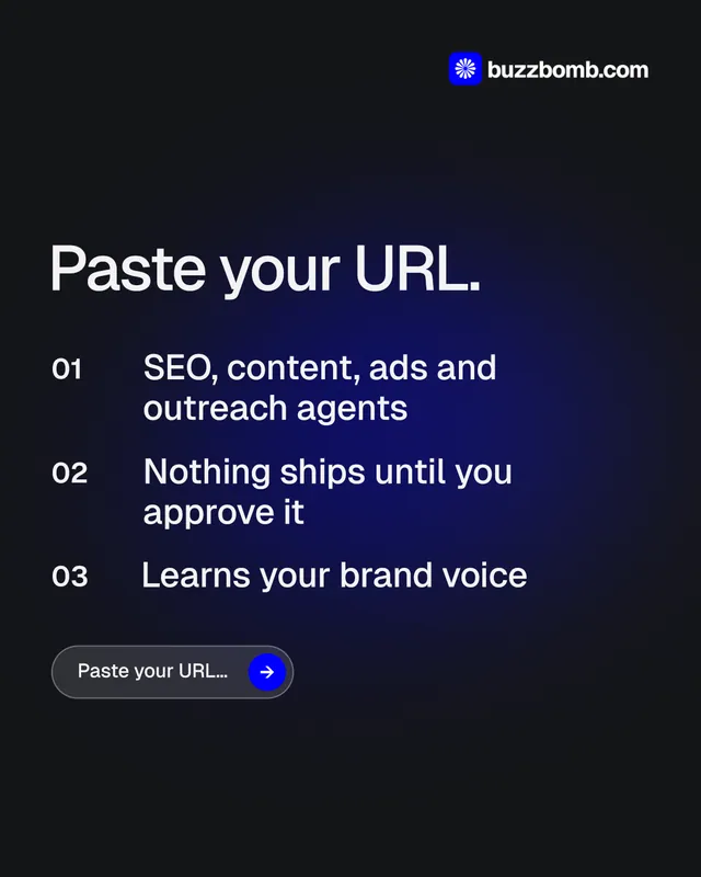 Instagram portrait post for BuzzBomb: "Paste your URL." Agentic glass style, numbered layout, dark palette in black, blue.