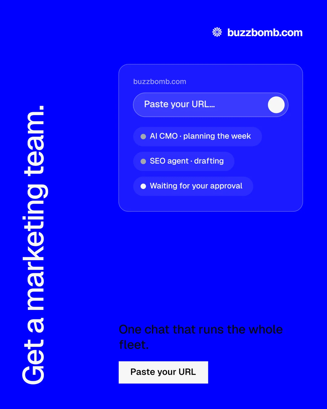 Instagram portrait post for BuzzBomb: "Get a marketing team." Split block style, vertical layout, dark palette in blue.