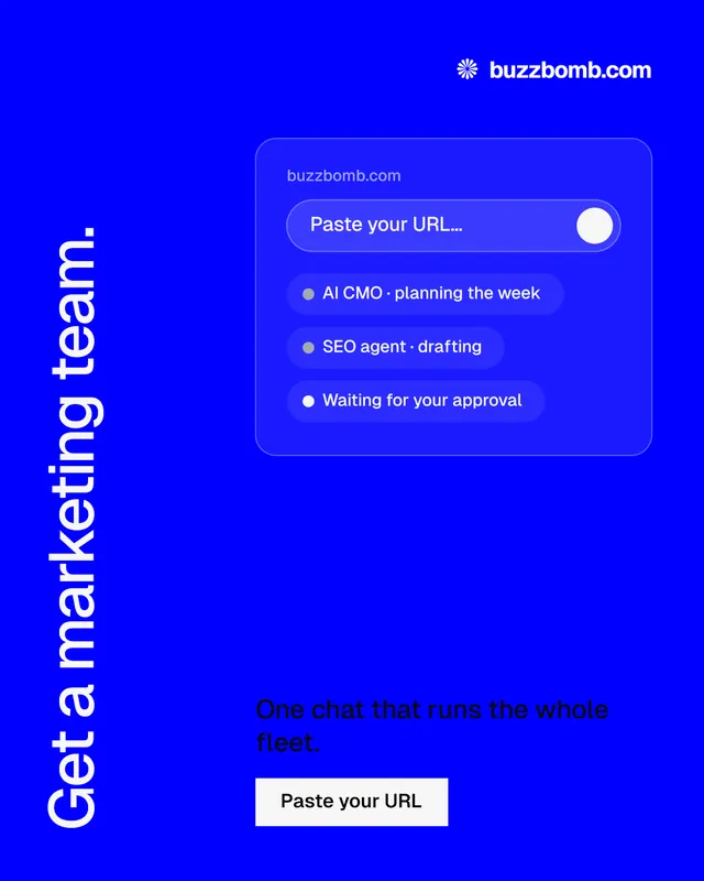 Instagram portrait post for BuzzBomb: "Get a marketing team." Split block style, vertical layout, dark palette in blue.