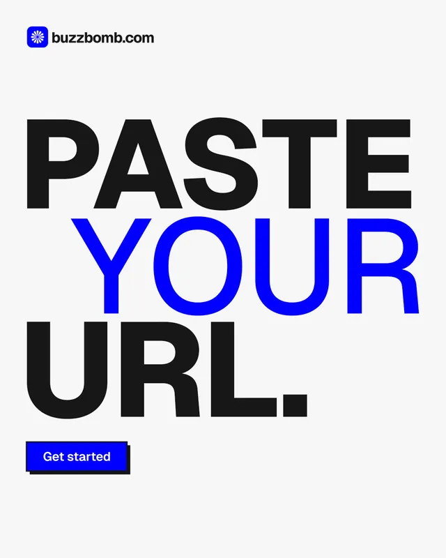 Instagram portrait post for BuzzBomb: "Paste your URL." Brutalist style, stacked layout, light palette in white, blue, grey.