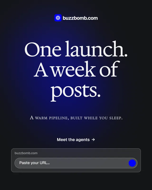 Instagram portrait post for BuzzBomb: "One launch. A week of posts." Agentic glass style, smallcaps layout, dark palette in black, blue, grey.