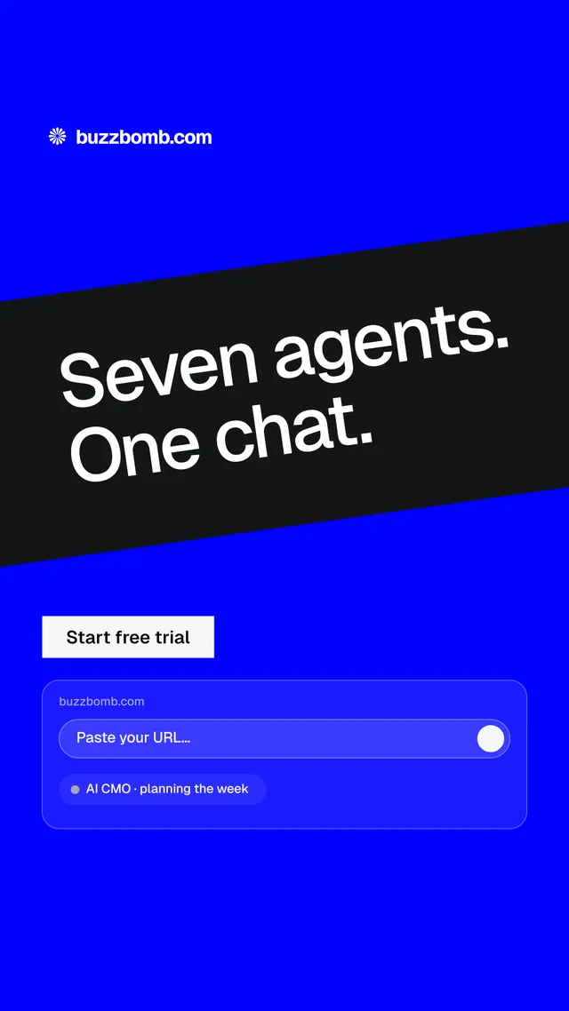 Instagram story for BuzzBomb: "Seven agents. One chat." Split block style, diagonal layout, dark palette in blue.