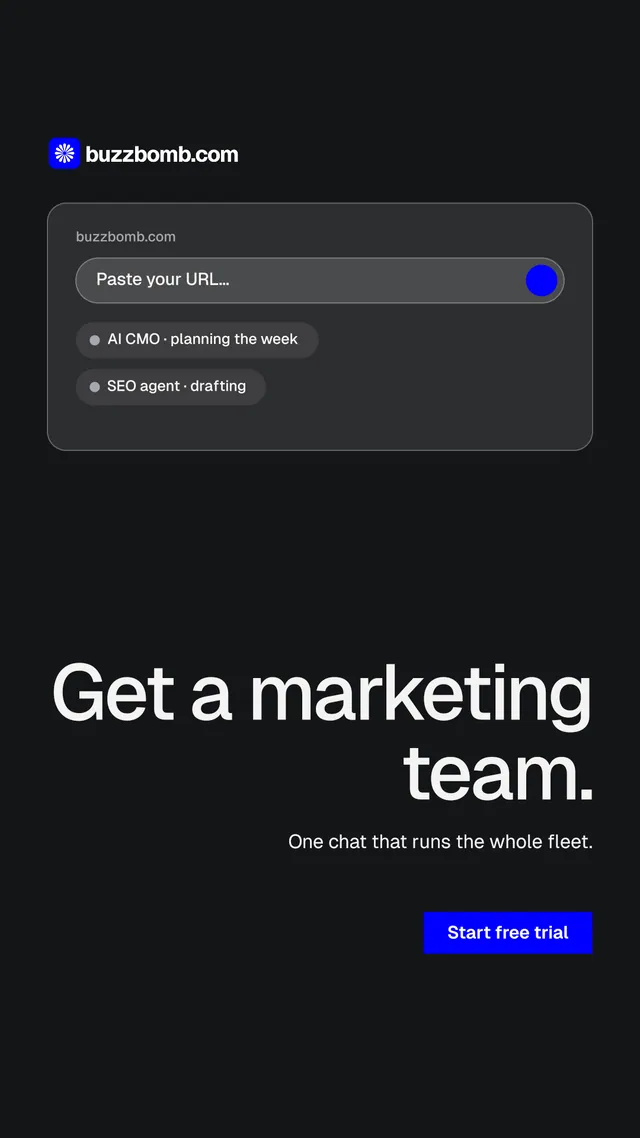 Instagram story for BuzzBomb: "Get a marketing team." Swiss style, right layout, dark palette in black.
