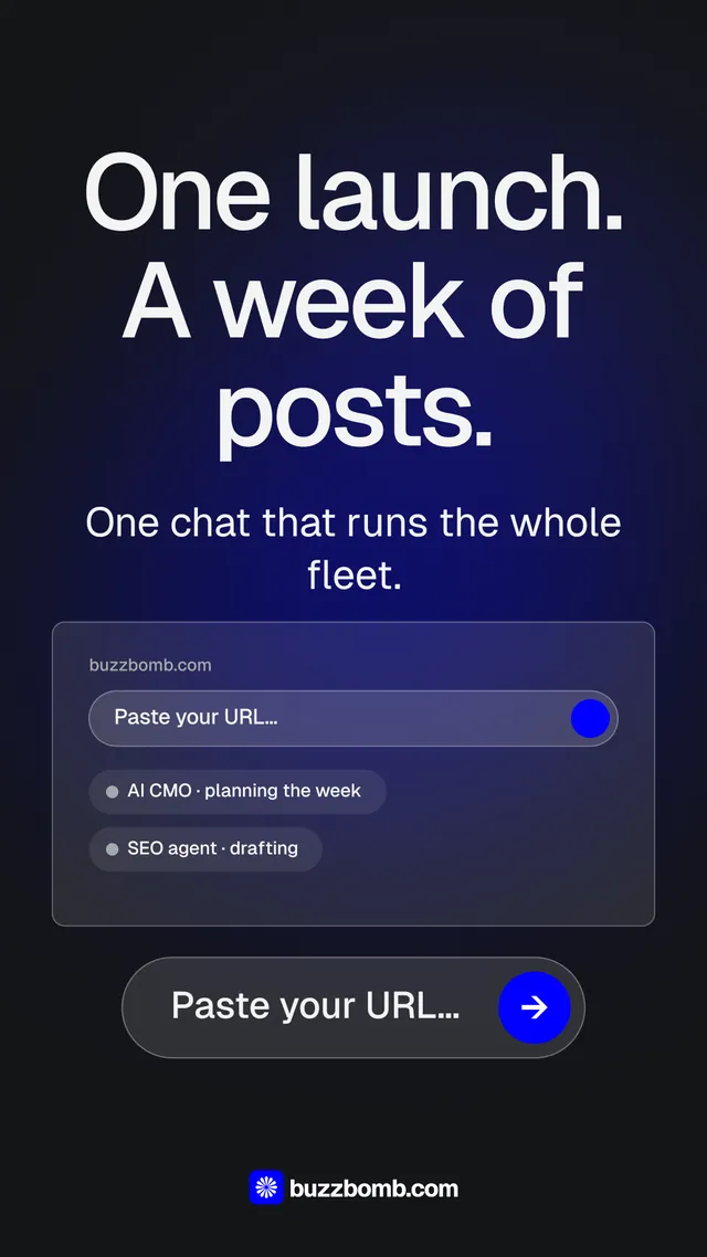 Instagram story for BuzzBomb: "One launch. A week of posts." Agentic glass style, skeleton layout, dark palette in black, blue, grey.