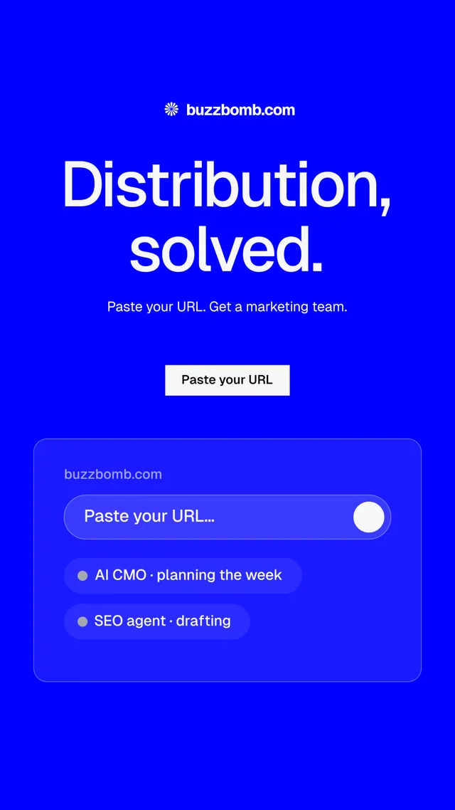 Instagram story for BuzzBomb: "Distribution, solved." Split block style, centred layout, dark palette in blue.