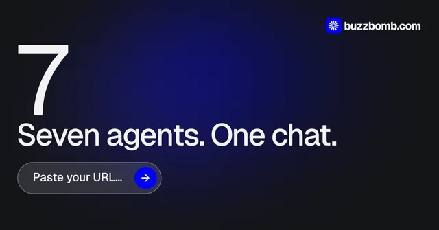 Social ad for BuzzBomb: "Spark some growth today." Agentic glass style, stat layout, dark palette in black, blue, grey.