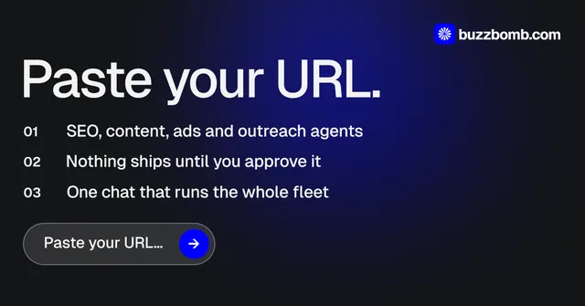 Social ad for BuzzBomb: "Paste your URL." Agentic glass style, numbered layout, dark palette in black, blue, grey.