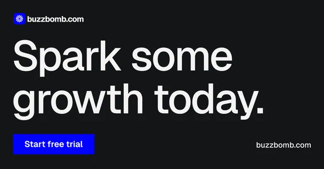 Social ad for BuzzBomb: "Spark some growth today." Swiss style, poster layout, dark palette in black, grey.