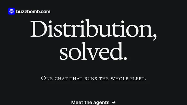 Landscape graphic for BuzzBomb: "Distribution, solved." Swiss style, smallcaps layout, dark palette in black, grey.