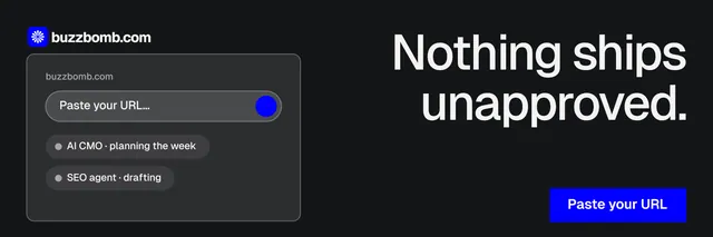 X header for BuzzBomb: "Nothing ships unapproved." Swiss style, right layout, dark palette in black, grey.
