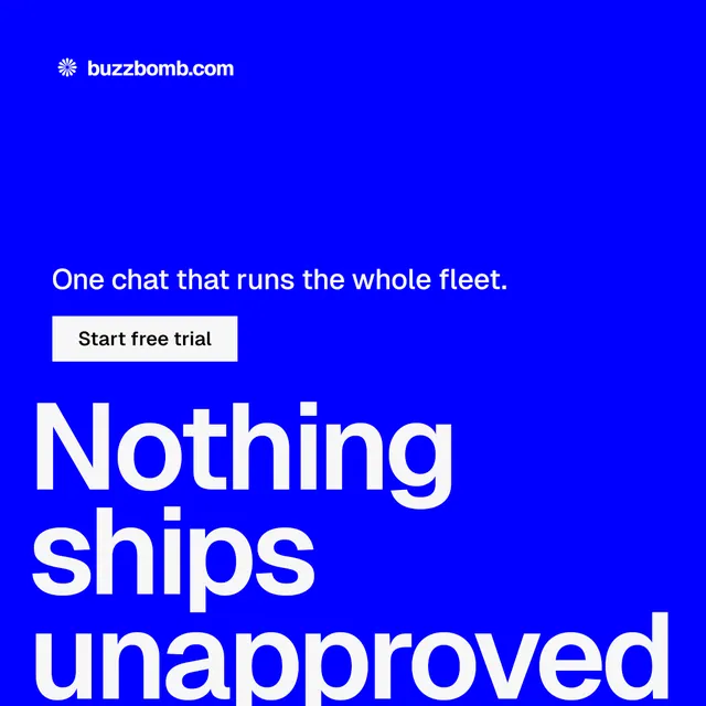 Instagram post for BuzzBomb: "Get a marketing team." Split block style, oversized layout, dark palette in blue, white.