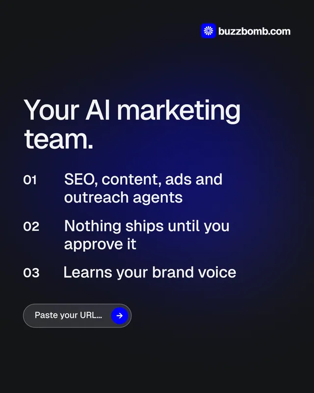 Instagram portrait post for BuzzBomb: "Your AI marketing team." Agentic glass style, numbered layout, dark palette in black, blue.