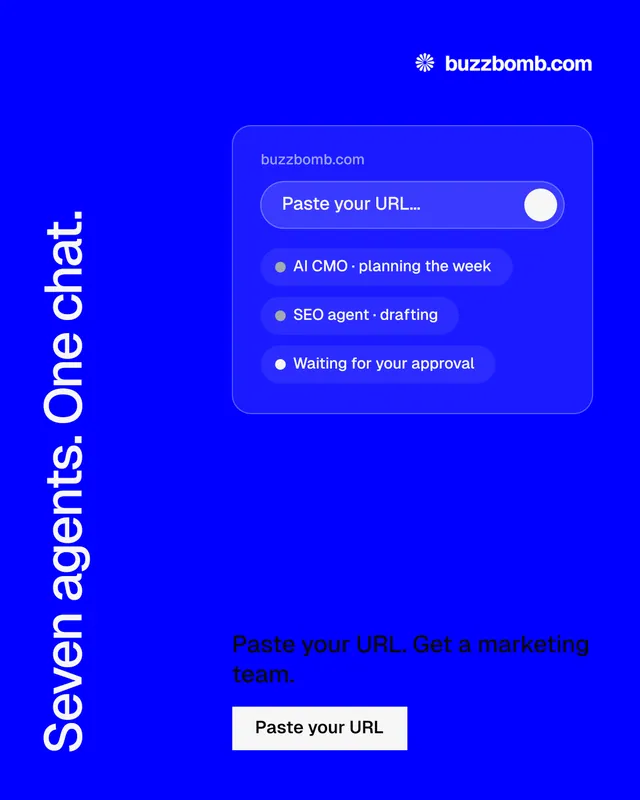 Instagram portrait post for BuzzBomb: "Seven agents. One chat." Split block style, vertical layout, dark palette in blue.