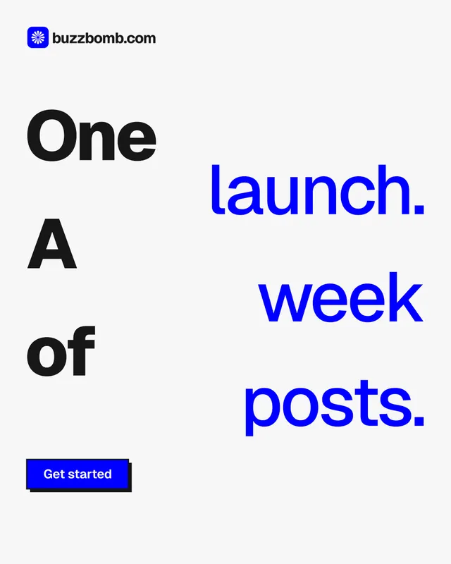 Instagram portrait post for BuzzBomb: "One launch. A week of posts." Brutalist style, stacked layout, light palette in white, blue.