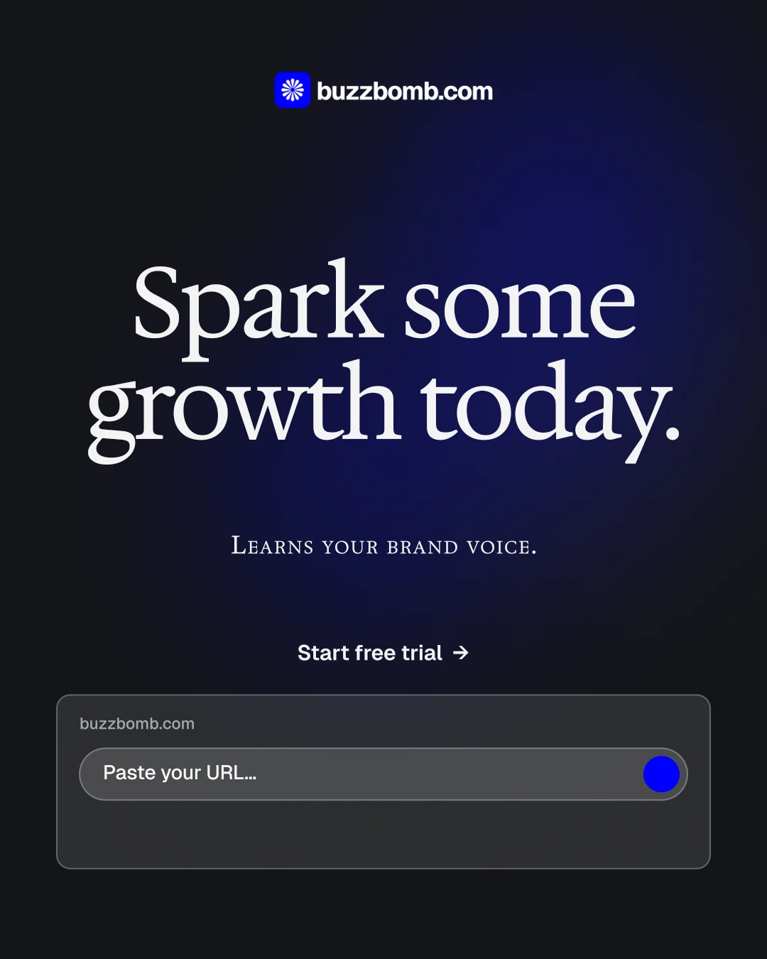 Instagram portrait post for BuzzBomb: "Spark some growth today." Agentic glass style, smallcaps layout, dark palette in black, blue, grey.