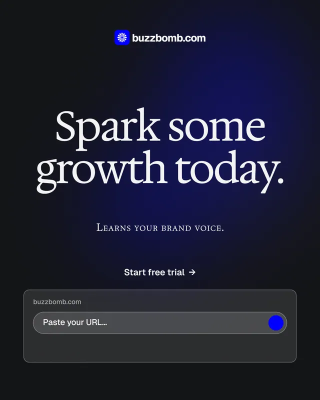 Instagram portrait post for BuzzBomb: "Spark some growth today." Agentic glass style, smallcaps layout, dark palette in black, blue, grey.