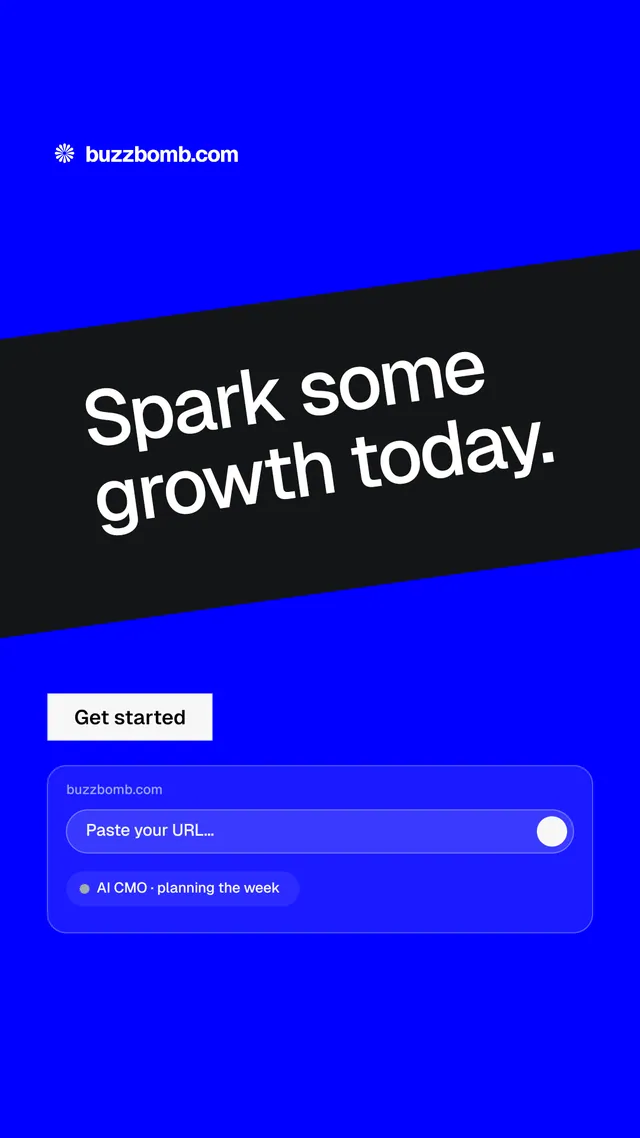 Instagram story for BuzzBomb: "Spark some growth today." Split block style, diagonal layout, dark palette in blue.