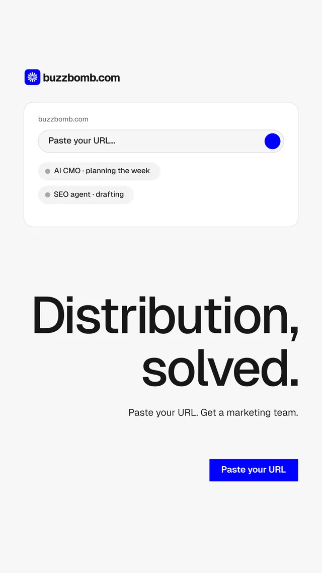 Instagram story for BuzzBomb: "Distribution, solved." Swiss style, right layout, light palette in white, grey.