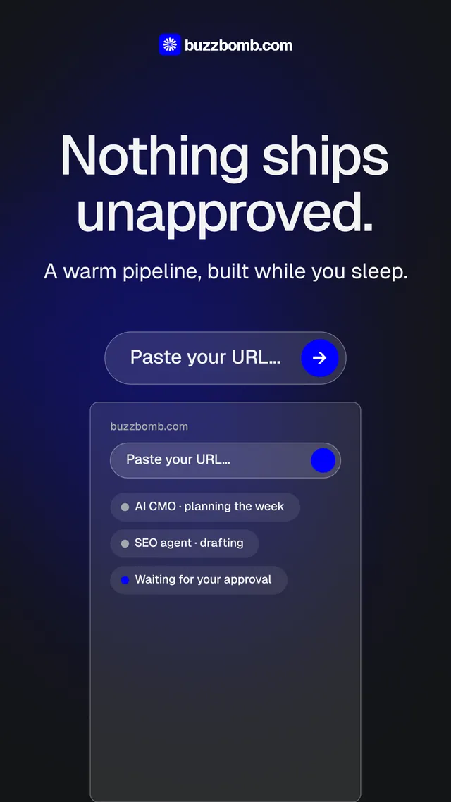 Instagram story for BuzzBomb: "Nothing ships unapproved." Agentic glass style, skeleton layout, dark palette in black, blue.