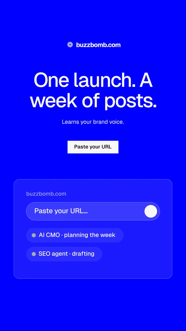 Instagram story for BuzzBomb: "One launch. A week of posts." Split block style, centred layout, dark palette in blue.
