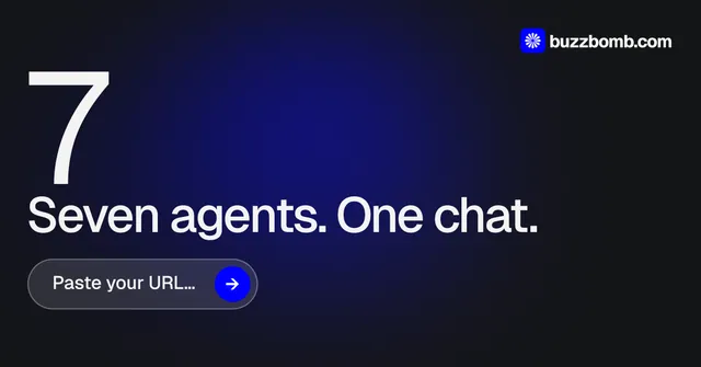 Social ad for BuzzBomb: "Spark some growth today." Agentic glass style, stat layout, dark palette in black, blue, grey.