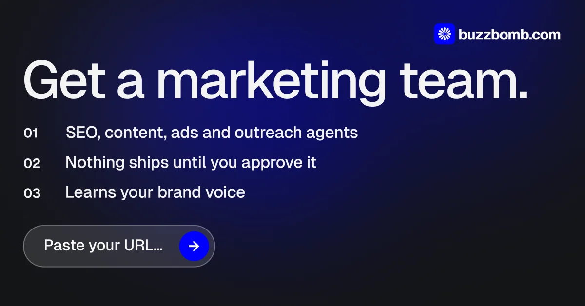 Social ad for BuzzBomb: "Get a marketing team." Agentic glass style, numbered layout, dark palette in black, blue, grey.