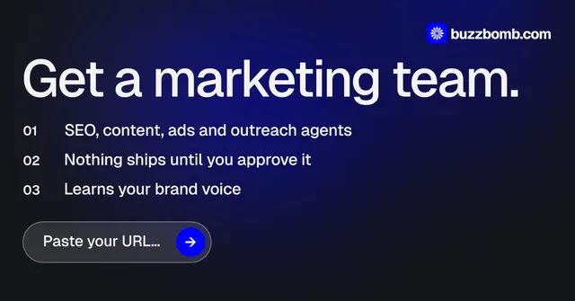 Social ad for BuzzBomb: "Get a marketing team." Agentic glass style, numbered layout, dark palette in black, blue, grey.