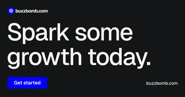Social ad for BuzzBomb: "Spark some growth today." Swiss style, poster layout, dark palette in black, grey.