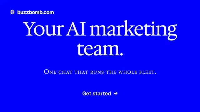 Landscape graphic for BuzzBomb: "Your AI marketing team." Swiss style, smallcaps layout, dark palette in blue.