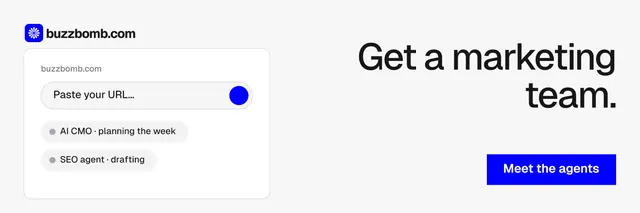 X header for BuzzBomb: "Get a marketing team." Swiss style, right layout, light palette in white, blue.