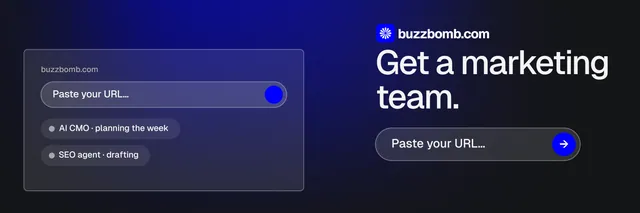 X header for BuzzBomb: "Get a marketing team." Agentic glass style, skeleton layout, dark palette in black, blue, grey.