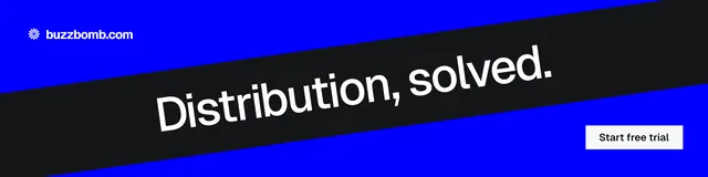 LinkedIn banner for BuzzBomb: "Distribution, solved." Split block style, diagonal layout, dark palette in blue, black, grey.